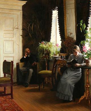 Interior with reading girl and man on a Sunday afternoon