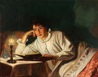 The artist's wife reading in bed