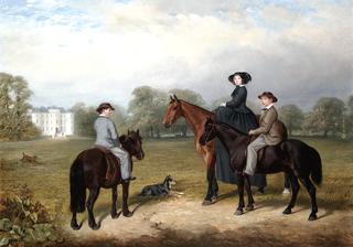 Mrs Samuel Garnett mounted on a bay hunter with her two sons, John and Samuel