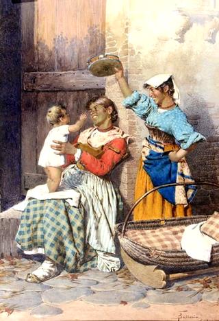 Two gypsy ladies in a doorway entertaining a small child with tambourine