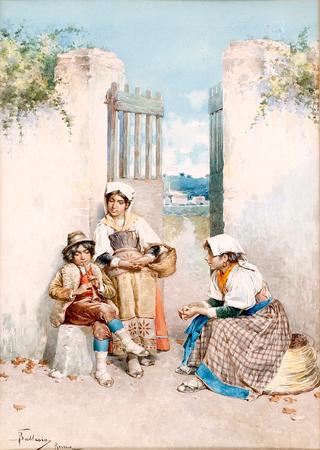 A Young Musician with Two Young Ladies in a Courtyard