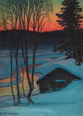 Winter landscape with cottage