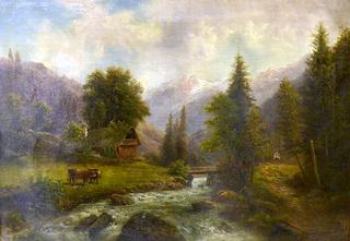 Continental Mountain Landscape with Stream and Figure