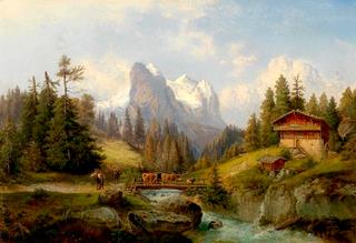 Mountain Landscape with Herd of Animals and Decorative Figures
