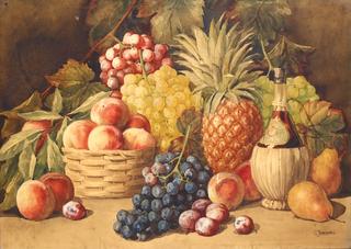 Still Life with Basket of Peaches, Grapes, Pineapple and Casket of Wine