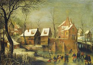 Townscape With Skaters On A Frozen River