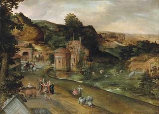 An extensive Italianate landscape with the calling of Cincinnatus from the plough