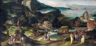 A panoramic landscape with the Parable of the Good Samaritan