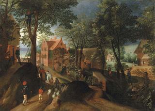 Autumn. A village with peasants gathering fruit and herdsmen