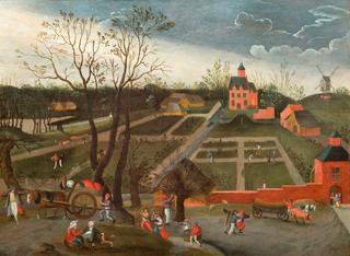 Flemish village with peasants working in the fields