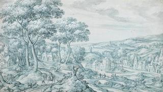 Dutch landscape and figural staffage, with houses and a windmill in the background