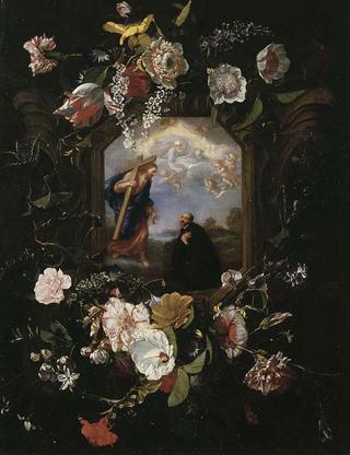 A floral garland surrounding a cartouche with the Vision of Saint Ignatius Loyola