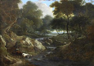 Pastoral Woodland Stream Scene with Figures and Cattle