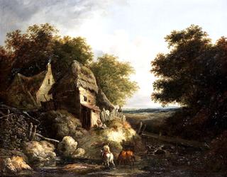 Figures by a Cottage, a Man on a Horse Crossing a Brook