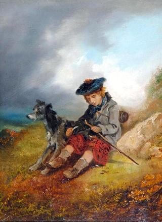 Highland Boy Sitting and Whittling a Stick, Deerhound at his Side