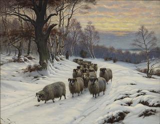 Winter Twilight Landscape with Shepherd and Flock on a Snow-Covered Path