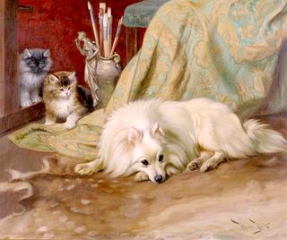 Spitz Dog with Two Kittens beside an Artist's Brush Pot