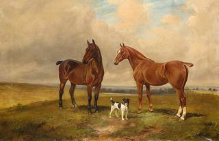 A Bay and a Chestnut Hunter with a Terrier