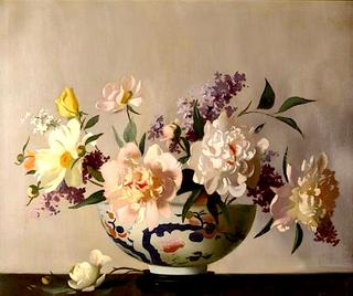 Still Life of Peonies, Lilac, and Yellow Rose in a Chinese Bowl