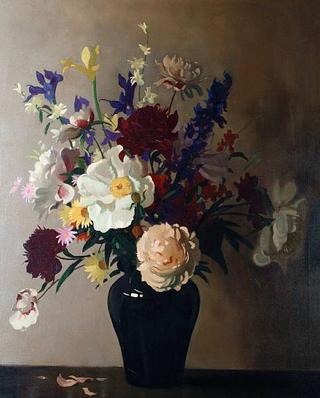 Still life of Mixed Flowers in a Black Vase