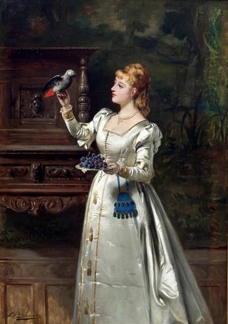 Young Lady Wearing a Silver Dress and Feeding a Parrot