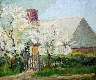 Cottage and Blossoming Trees