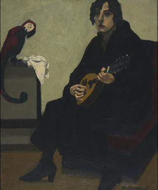 Woman with Mandolin and her Pet Parrot