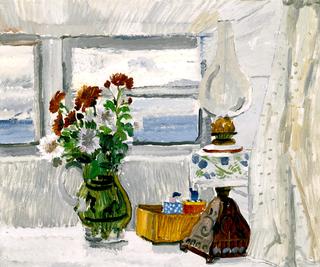 Flowers and Lamp in a Cornish Window