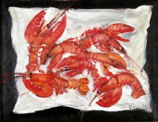 Crayfish on white tablecloth