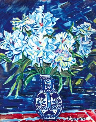 White Peonies in a Blue Pitcher