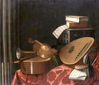 Still Life with Musical Instruments, Books, Sheet Music, and an Inlaid Box on a Table