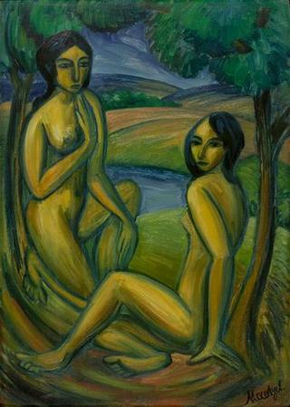 Two female nudes under trees