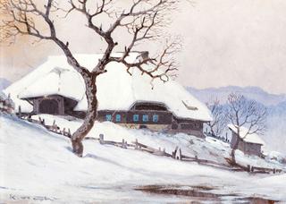 Snow Covered Black Forest House at Dusk