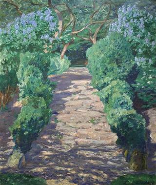 Garden staircase with flowering lilac