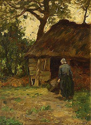 Elderly woman by a barn