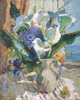 Still Life of Calla Lilies in a Jug before a View of the Sea