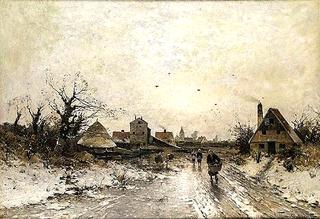 Snowy village street with day workers