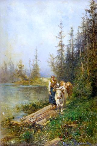 Shepherd with Two Cows at Riverside