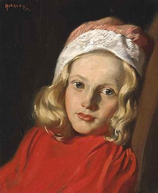 Portrait of a Young Girl, Bust-Length, in a Red Jumper and a Pink and White Hat