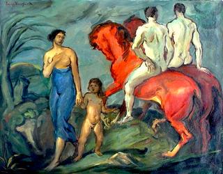 A Woman with Child and Two Riders on Red Horses