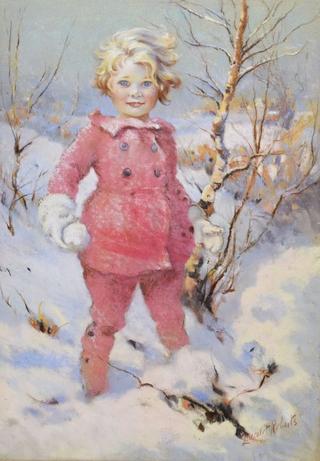 A Young Girl with Snowball in a Winter Landscape