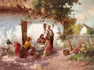 Family Enjoying a Sunny Day outside a Cottage