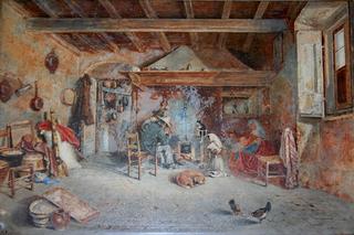 A Cottage Interior with Figures by a Fire