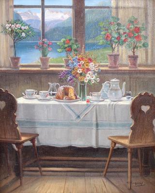 Covered Coffee Table with View from the Window on a Lake and an Alpine Panorama