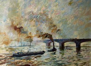 Steamer and Cargo Ship in front of a River Bridge
