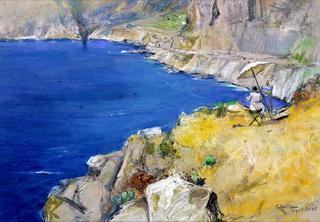 Landscape in Capri, with a woman painting above a bay