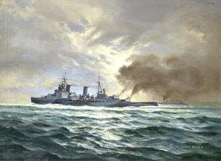 HMS Glasgow with USS Quincy Bombarding Cherbourg