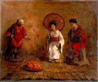 Still Life with Three Chinese Earthenware Statues and a Basket Filled with Oranges