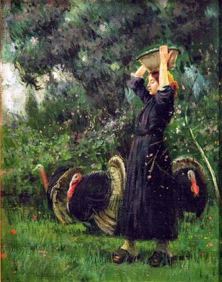 Peasant girl with basket and turkeys
