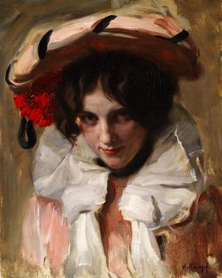 Portrait of a young lady with a hat and red flower